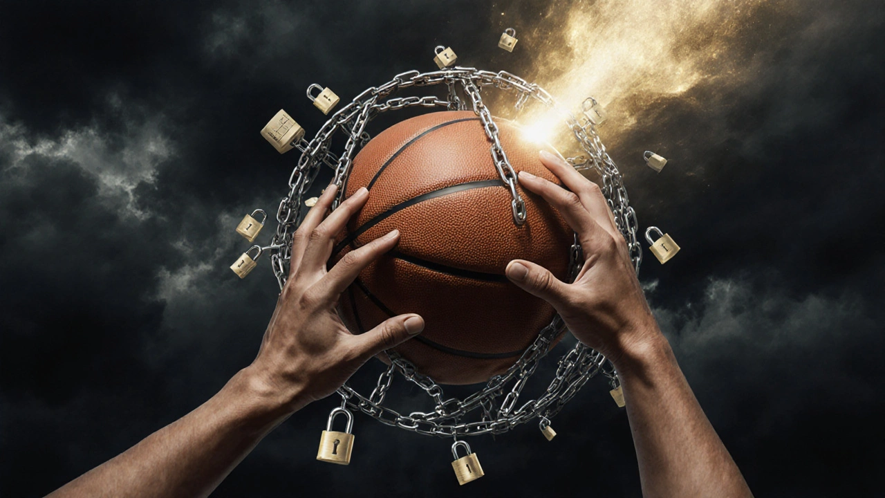 Basketball as a locked cage, symbolizing the rule that once dribbling stops, it cannot restart.