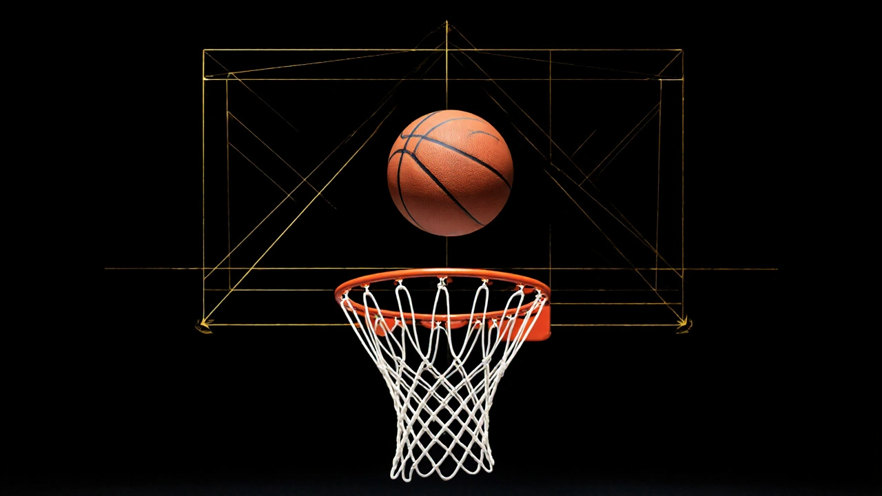 Basketbalový míč a koš v ideálním poměru velikostí pro přesnost hry.