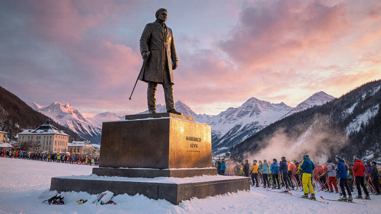 Bronzová socha Harracha a závodníci při Harrachově výzvě v Špindleru.