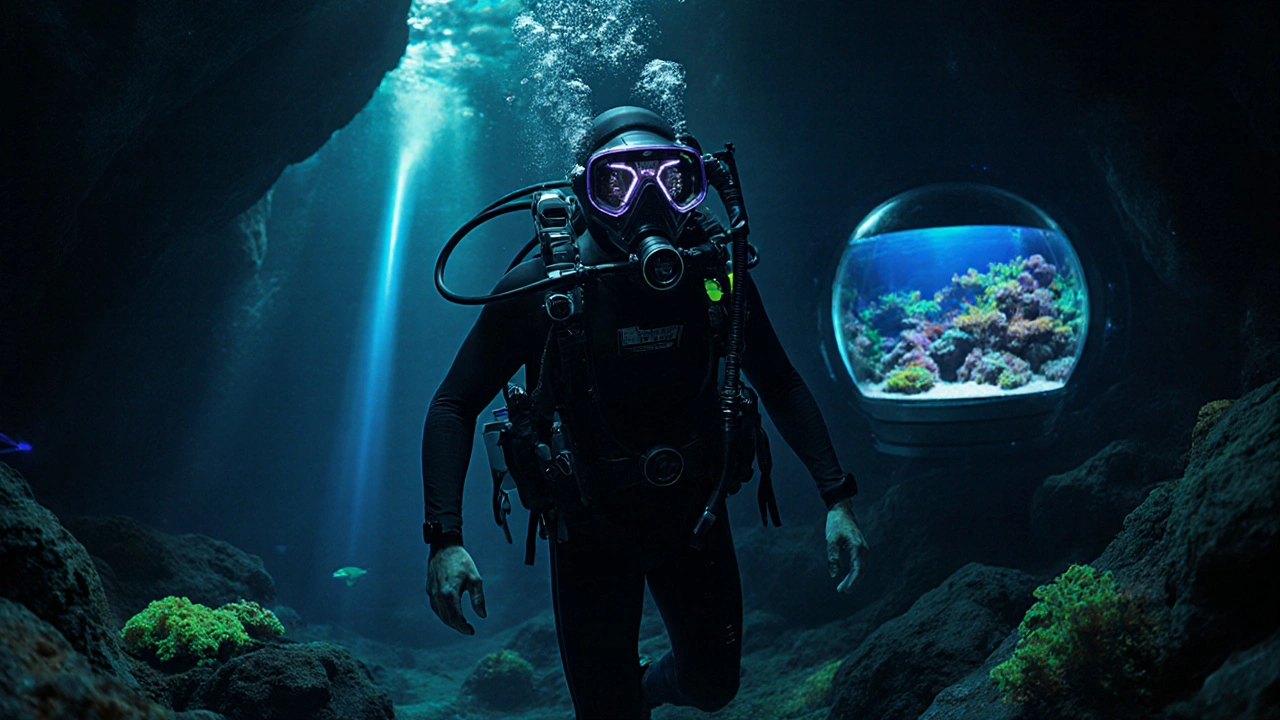Budoucí potápěč v moderním rebreatheru s holografickým displejem, v temné jeskyni s bioluminiscencí.