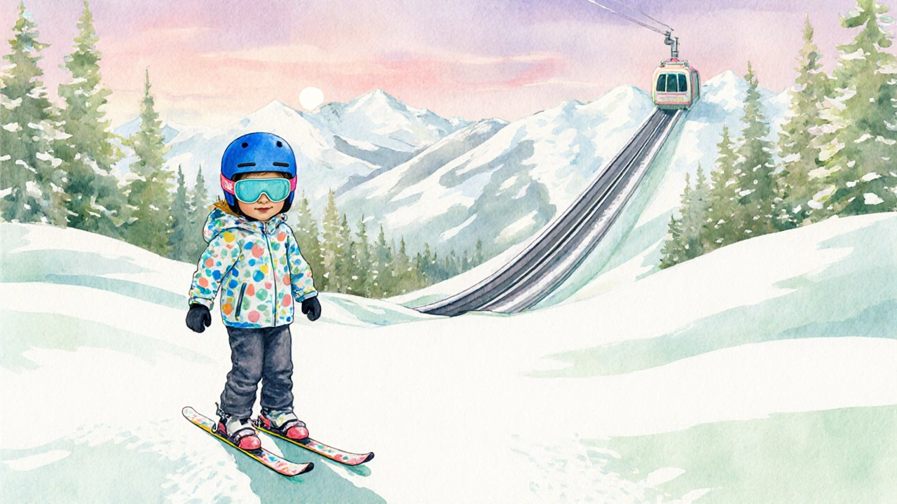 Dítě v barevné výbavě sjíždí zelenou sjezdovku s měkkým sněhem.