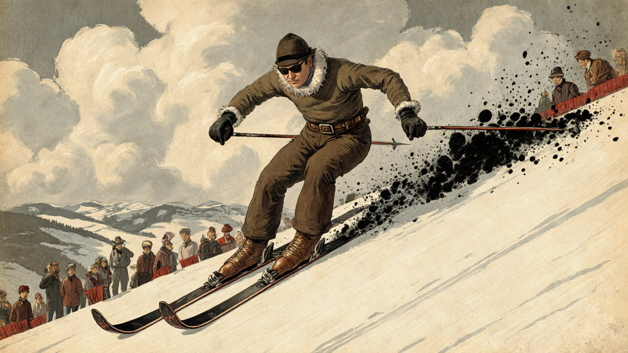 Harrach sjíždí slalom na Světovém poháru v Zakopaném, 1927.