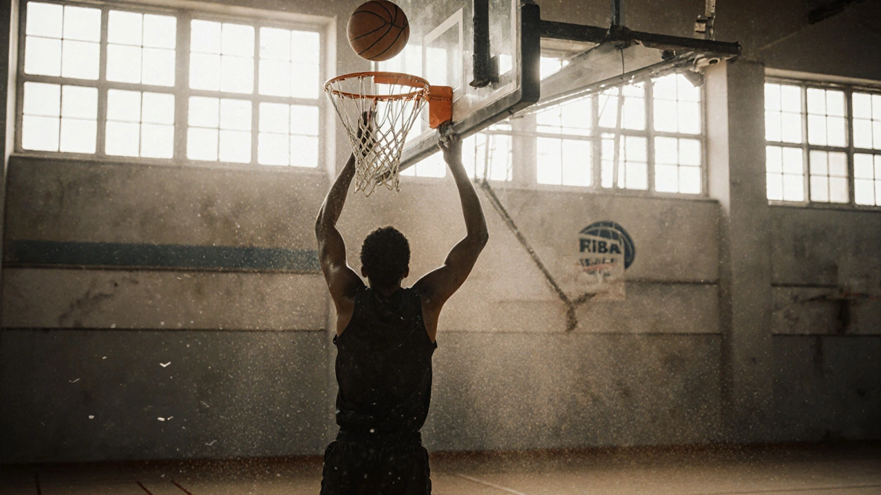 Hráč provádí šut o odraz od plochy pod košem s regulérní výškou.