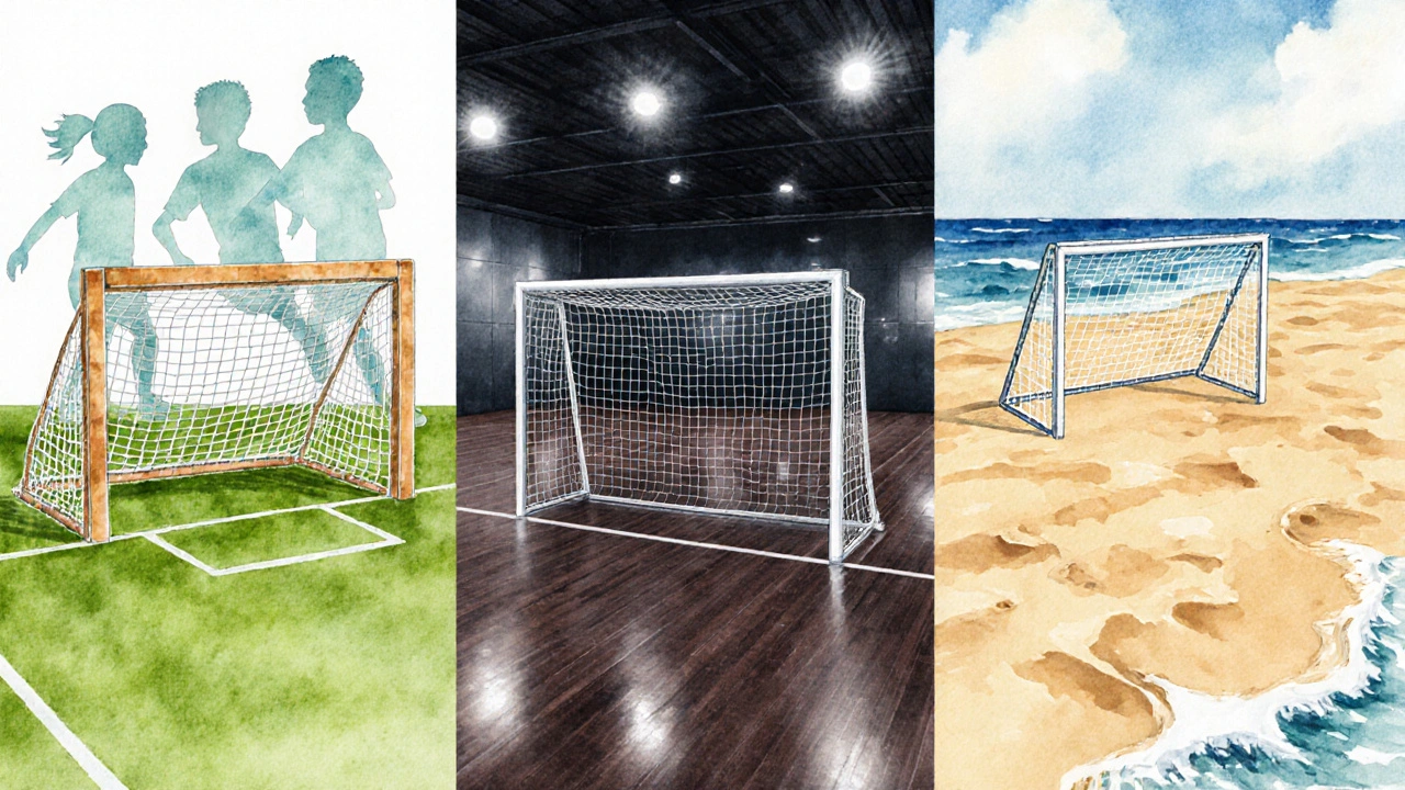 Ilustrace tří brankových typů: mládežnická, futsalová a plážová, každá v odpovídajícím prostředí.