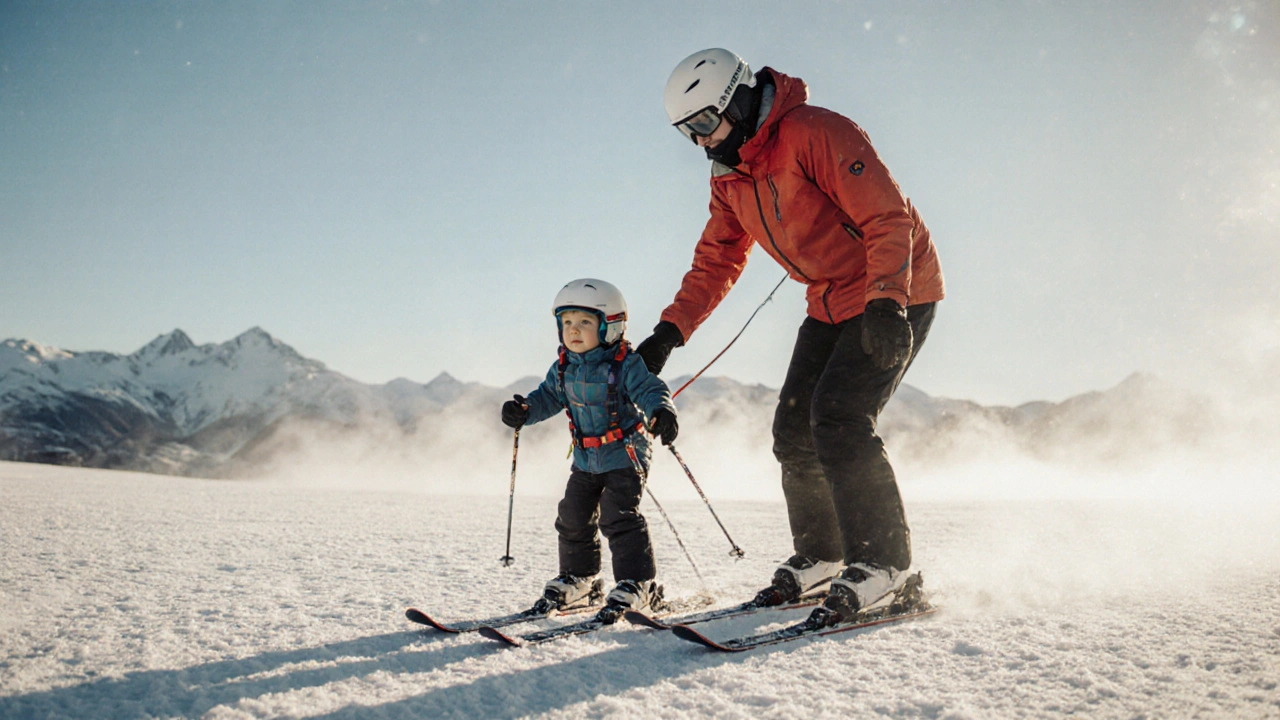 Instruktor vede malé dítě při první lekci na mírně nakloněném svahu.