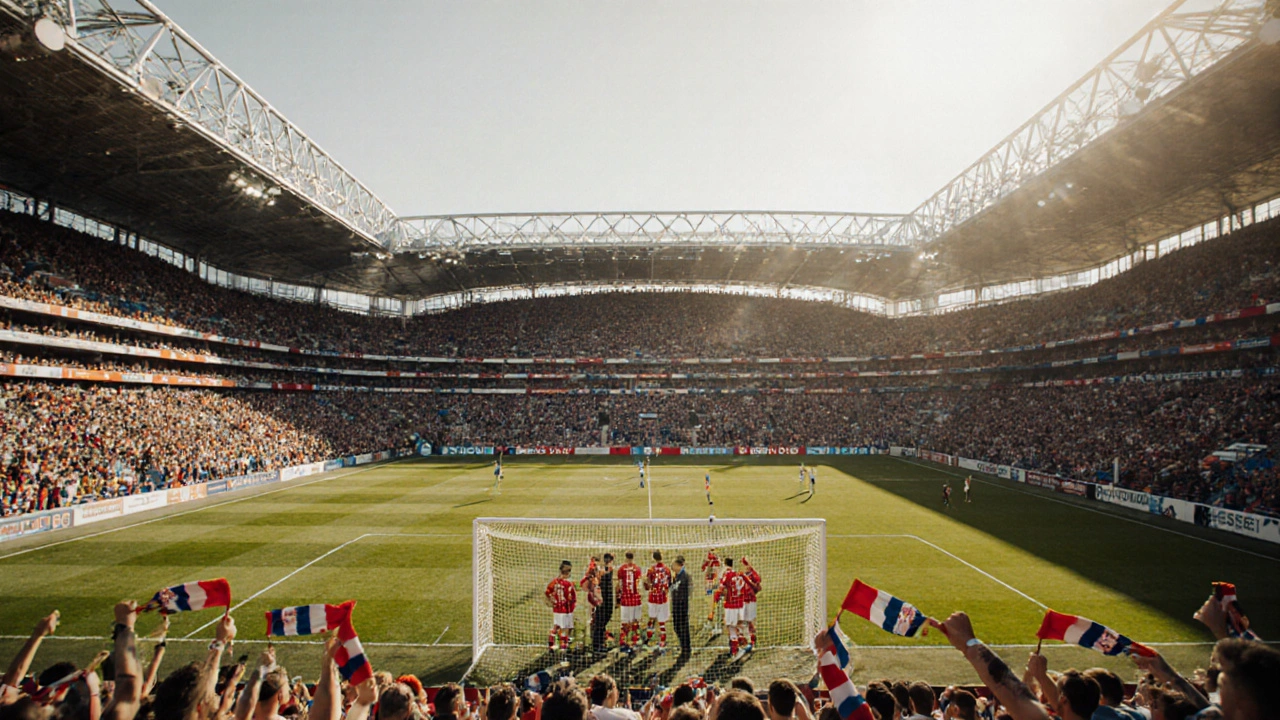 Obnovený tým na slunečném stadionu, fanoušci a trenér spolupracují.