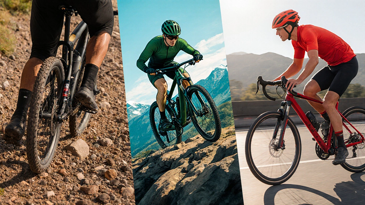 Porovnání tří kol: hardtail na štěrkovém terénu, full‑suspension v horách, silnička na asfaltu.