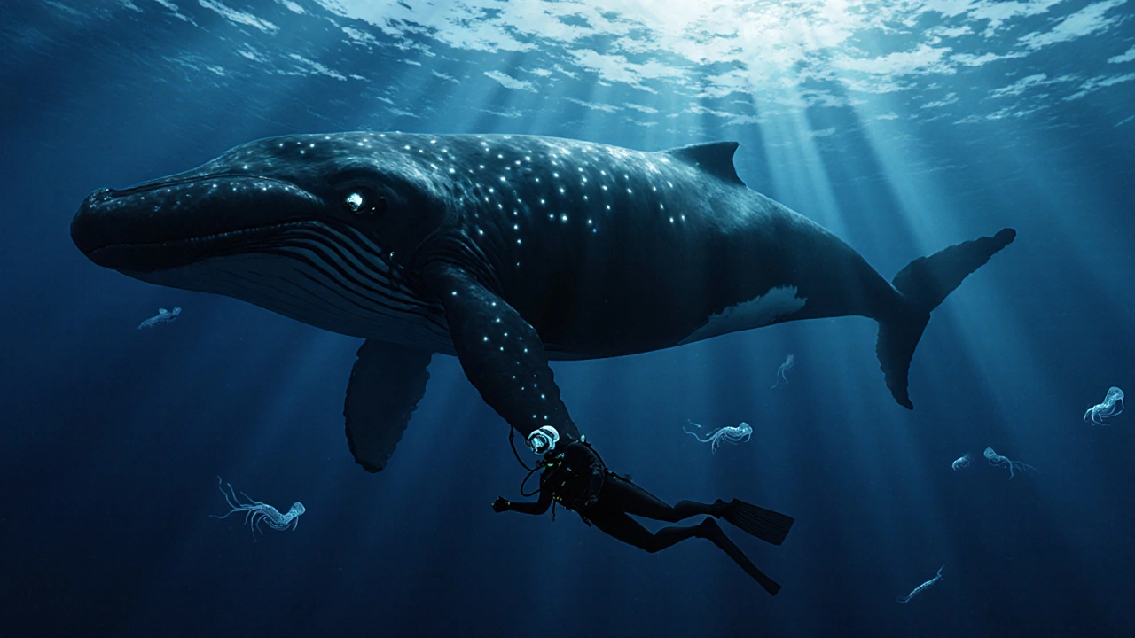 Potápěč plave vedle obří velryby v hlubokém moři.