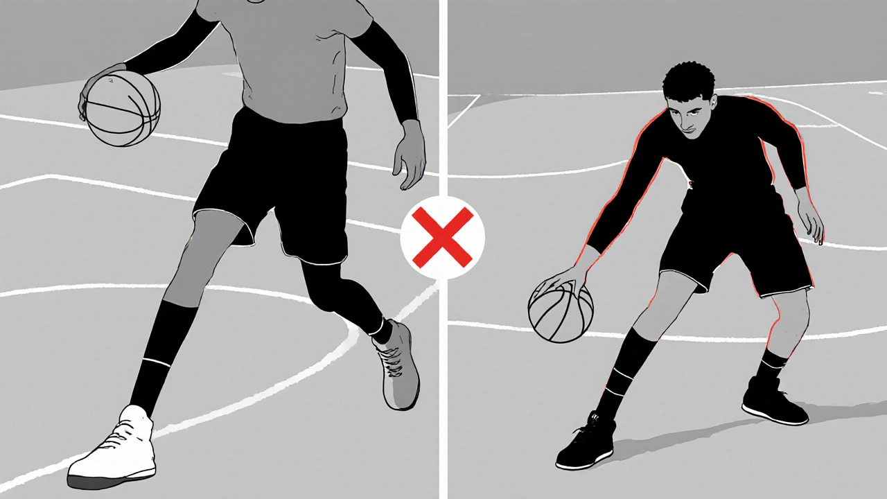 Side-by-side illustration showing legal dribbling versus illegal double dribble violation.