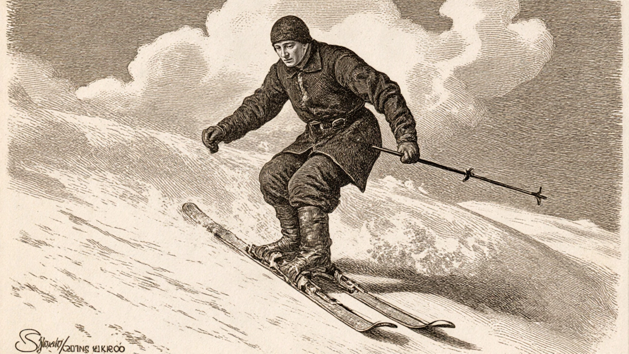 Sondre Norheim provádí Telemark na historickém sněhu ve starém gravíru.