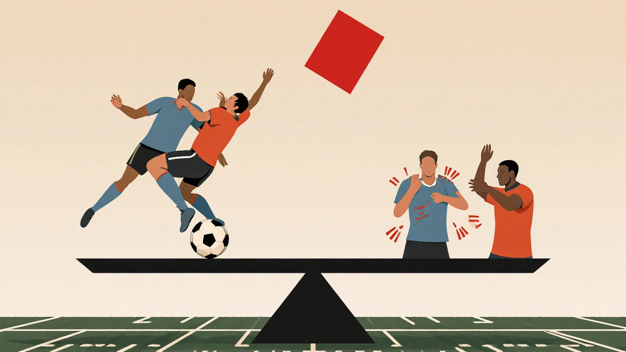 Srovnání legálního kontaktu a foulu jako váhy spravedlnosti.