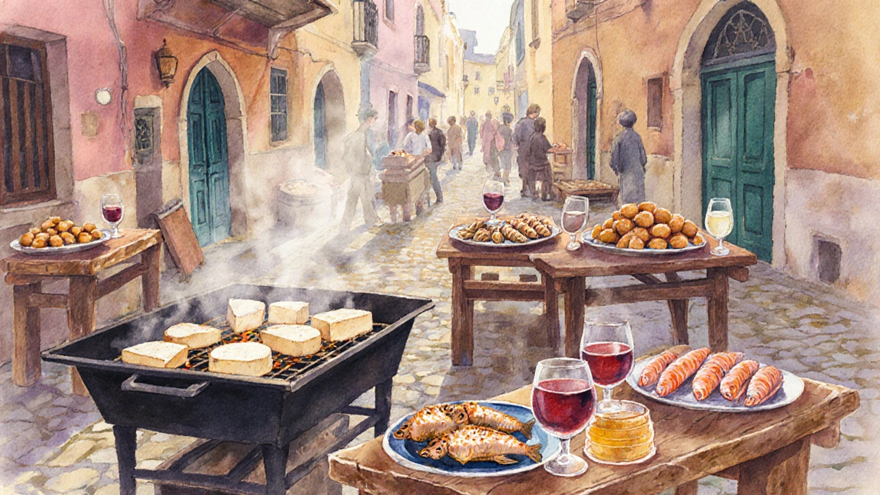 Tradiční kyprské tržiště s grilovaným halloumi, vínem a mandlovými koláči.