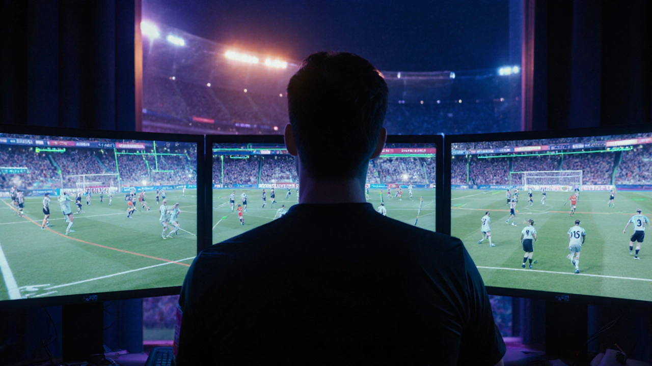 VAR místnost, monitory s neonovými čarami ukazují ofsajdovou pozici.