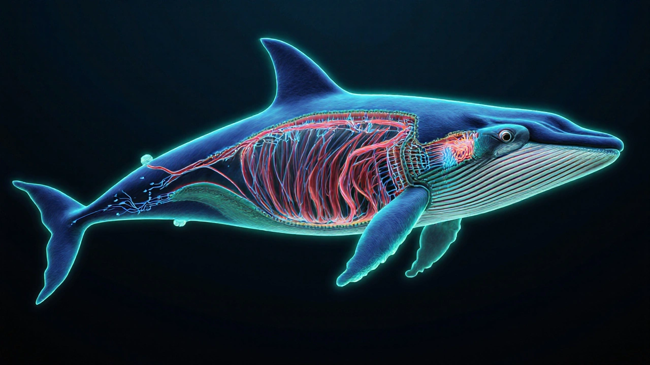 Vnitřní stavba velryby s vysoce kyslíkem nasycenými svaly a krví.