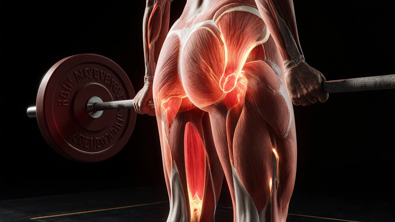 Anatomická ilustrace s aktivací svalů zadku při Romanian deadlift.