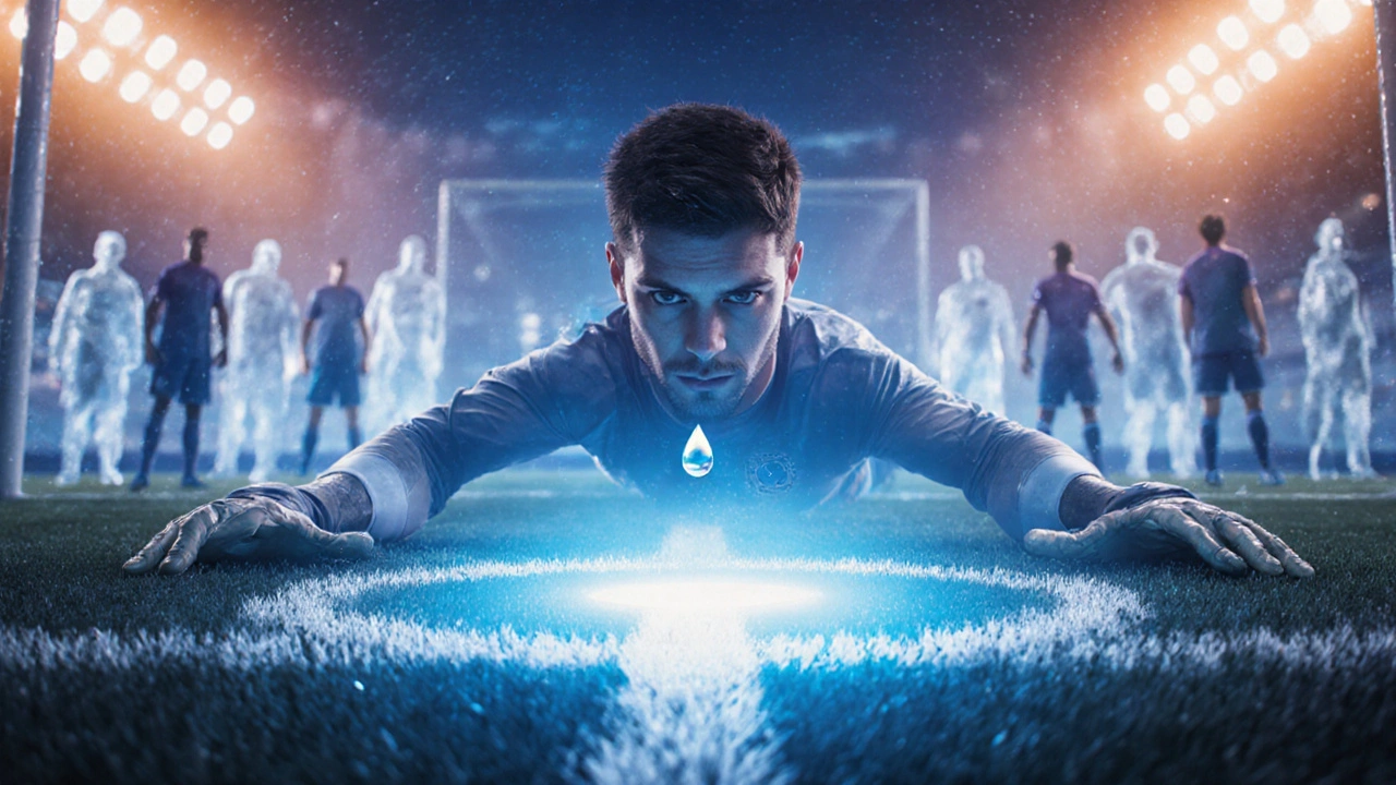 Brankář stojí na brankové čáře, oči zaměřené na míč, trestný bod je označen svítícím kroužkem.