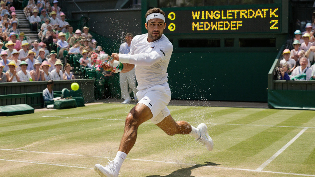 Carlos Alcaraz celebrating his 2025 Wimbledon victory with powerful forehand.