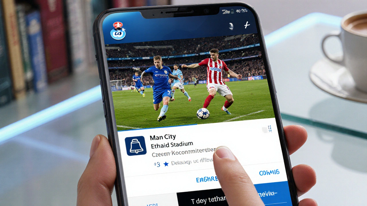 Chytrý telefon ukazuje aplikaci Canal+ Go s živým vysíláním zápasu a českým komentářem.