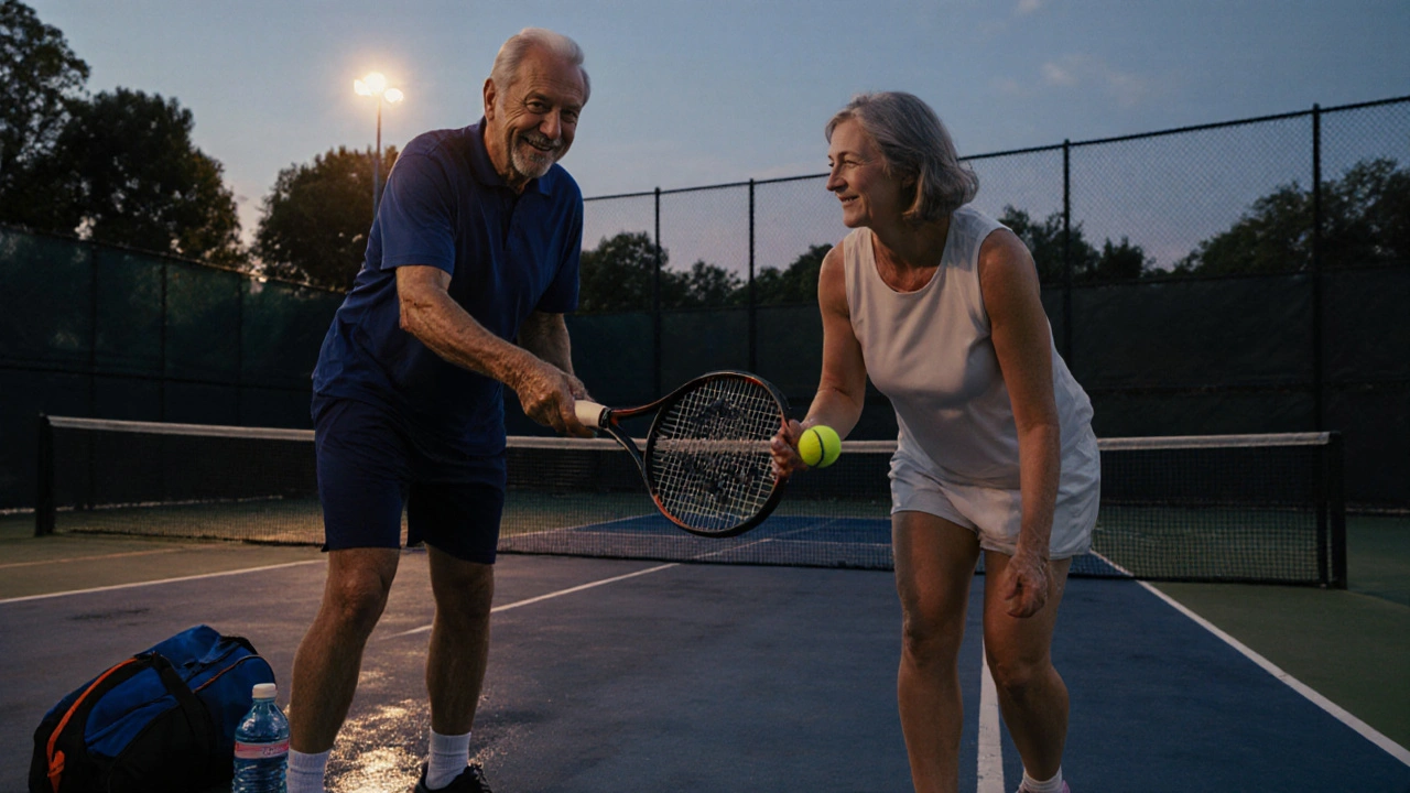 Dva hráči různých věků společně sbírají tenisový míček na kurtu při soumraku, přátelská atmosféra.