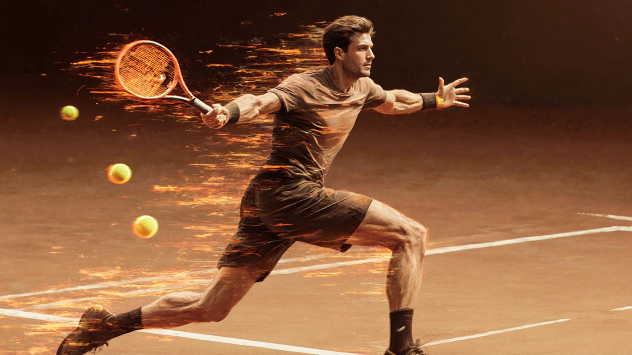 Dynamický pohyb tenistky v průběhu zápasu, s výbušným posunem a rozpoznáváním strategie hry.