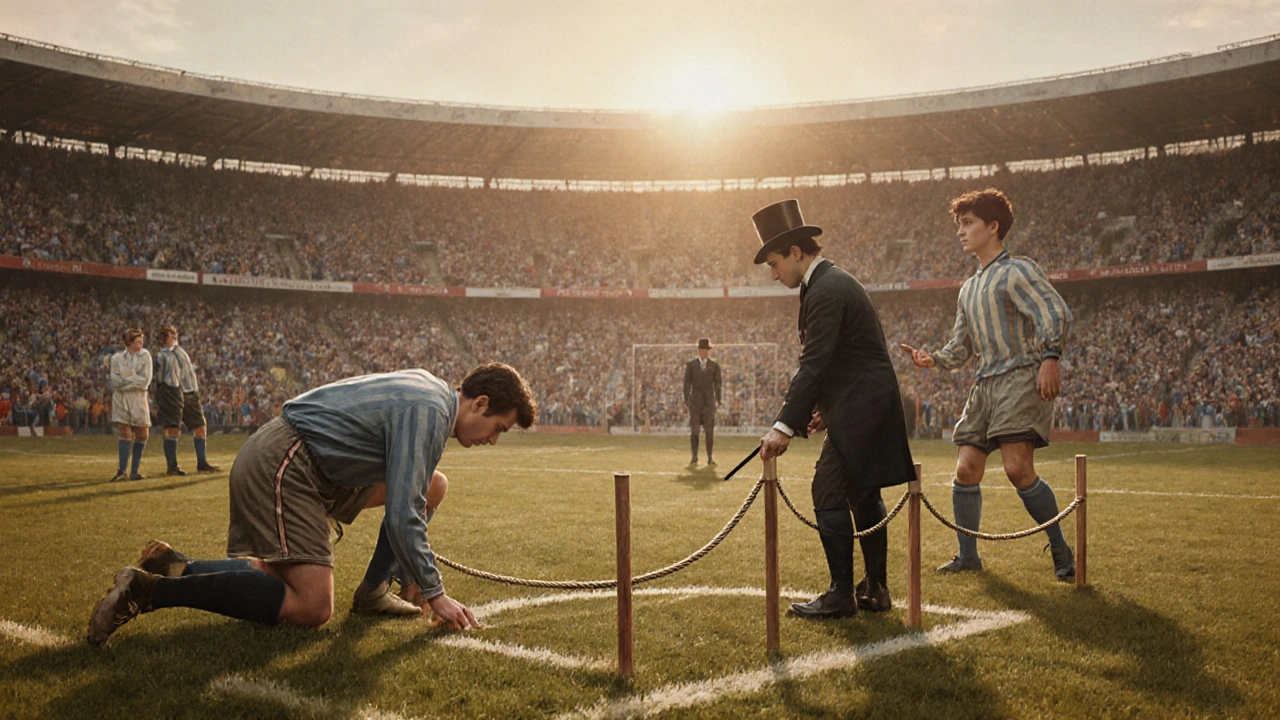 Historická scéna z roku 1902 s míčem a lana měřícími trestný bod na trávníku.