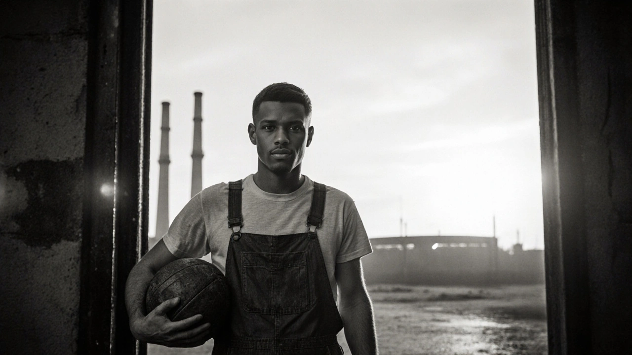 Jan Bodler opouští továrnu s fotbalovým míčem, za ním vzdálený stadion v Brně.