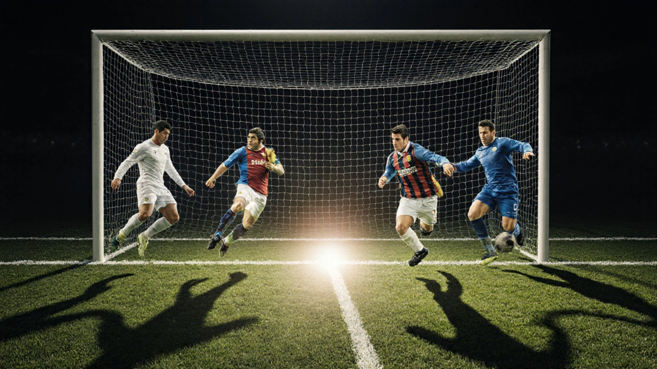 Konceptuální obrázek trestného bodu jako zářícího bodu s stíny slavných kopajících.