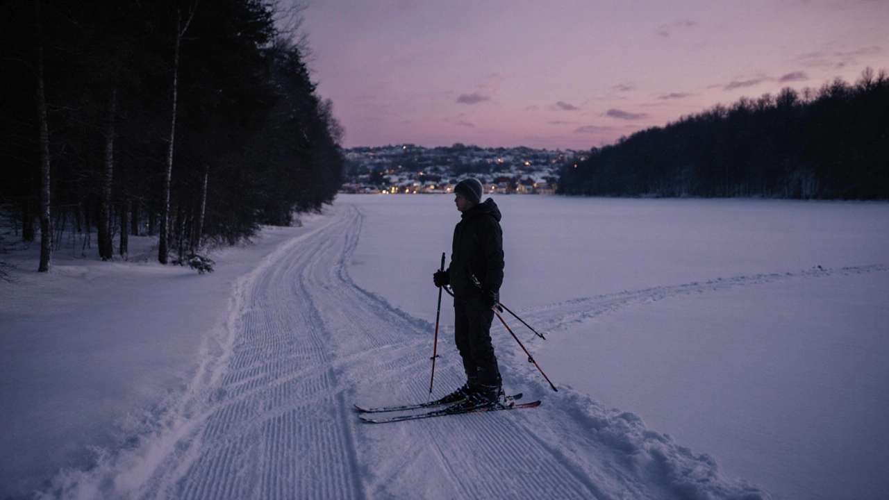 Lyžař před rozcestím: jedna cesta s stopami, druhá volný sníh, večerní nebe.