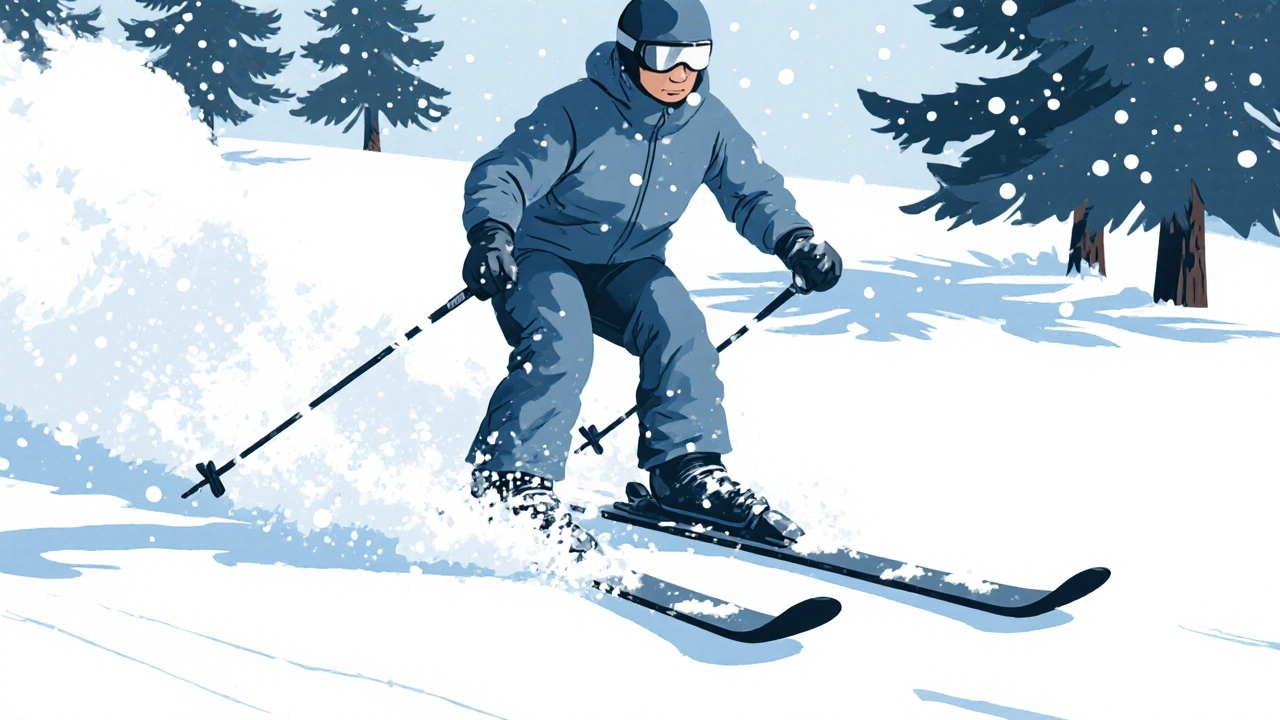 Lyžař zastavuje pomocí pluhu na sněhu s rozloženými lyžemi ve tvaru V.