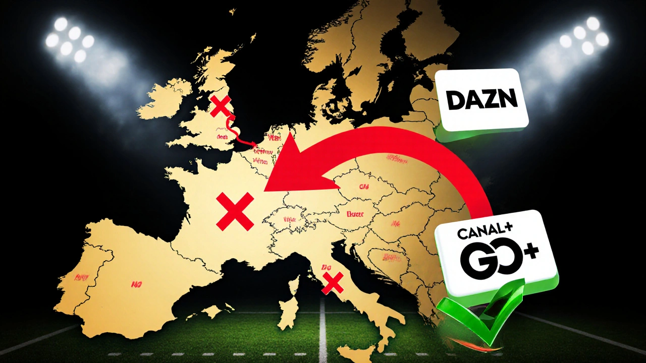 Mapa Evropy s legálním přístupem k zápasu pouze přes Canal+ Go, ostatní služby blokovány.