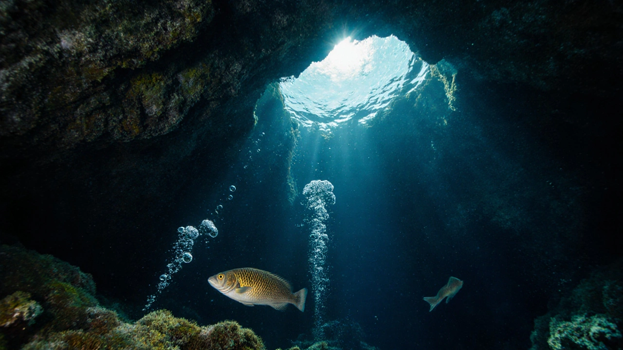 Obří podmořská jeskyně na jihu Kréty osvětlená slunečními paprsky, v níž plave vzácná ryba.