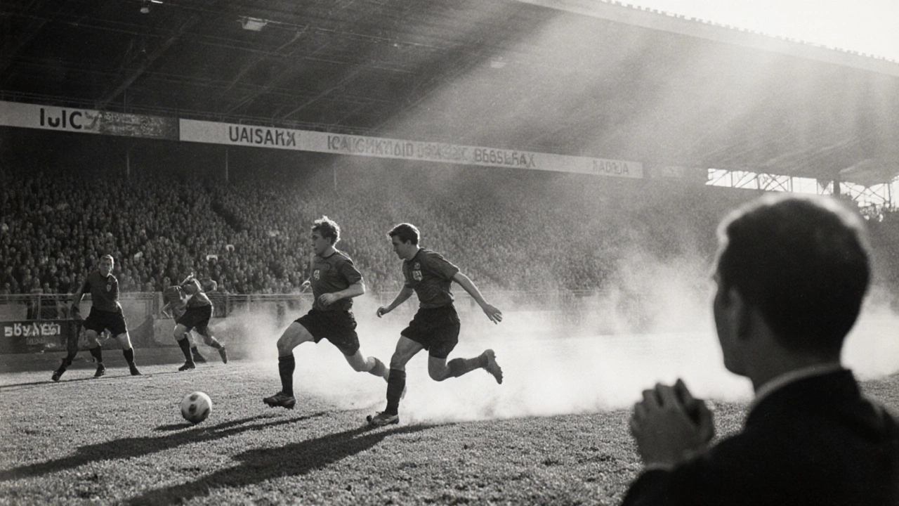 Oldřich Nejedlý předává Františkovi Plánickému během historického zápasu na Mistrovství světa.