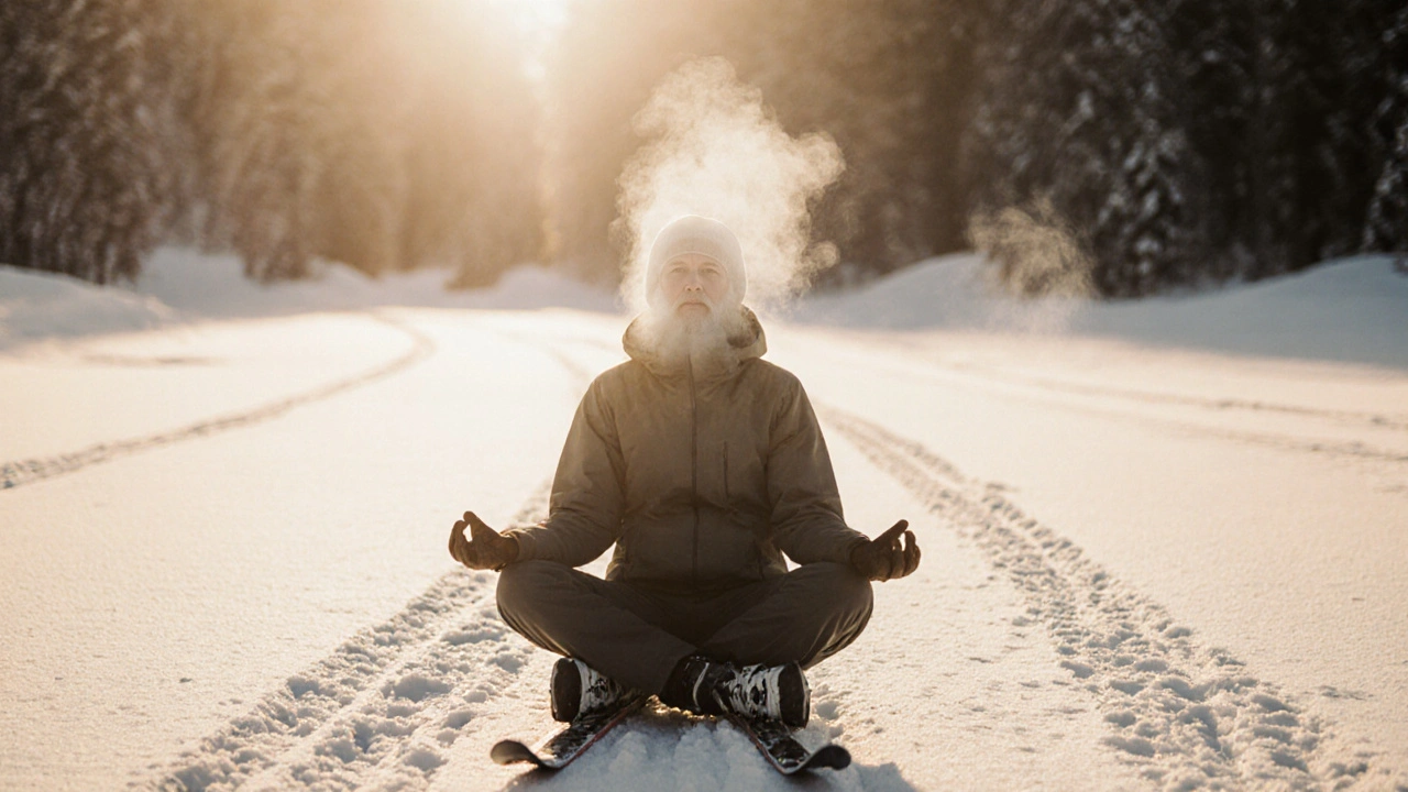 Osoba medituje na lyžích na rovině, dýchá hluboce v zimním prostředí.