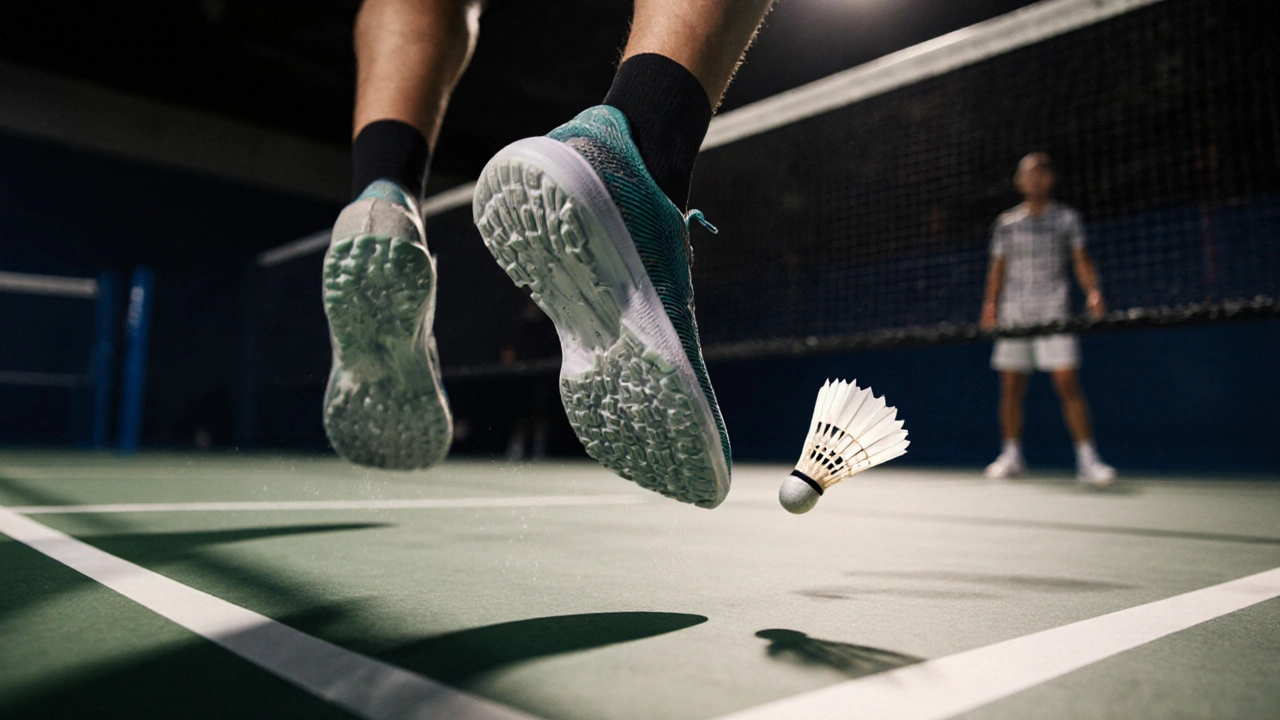 Pohled na nohy v badmintonové obuvi ve skoku, s jedním peřeným míčkem v pozadí.