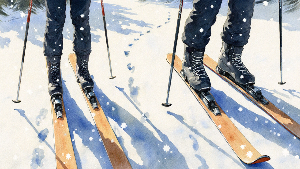 Porovnání klasických a bruslařských lyží a bot s vloženými sněhovými vločkami.