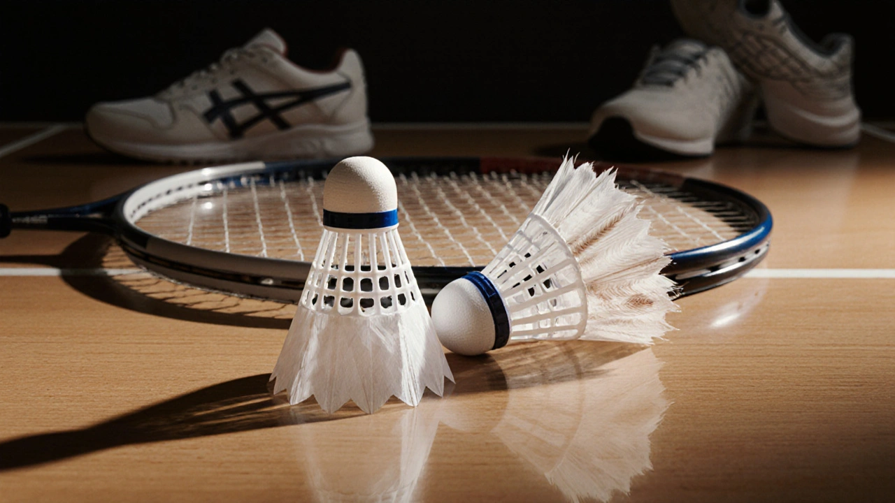 Porovnání plastových a peřených shuttlecocků na stole s raketkou a obuví na pozadí.