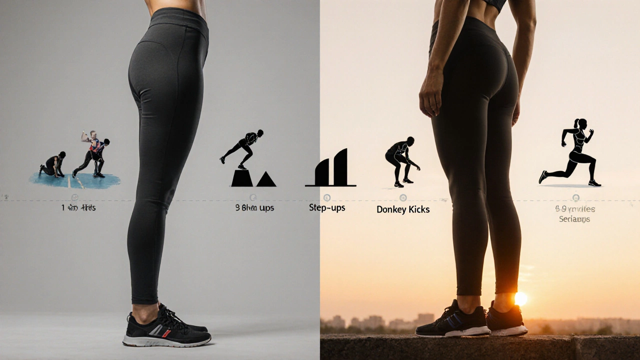 Porovnání siluety zadku před a po tréninku s kroky cvičení mezi nimi.