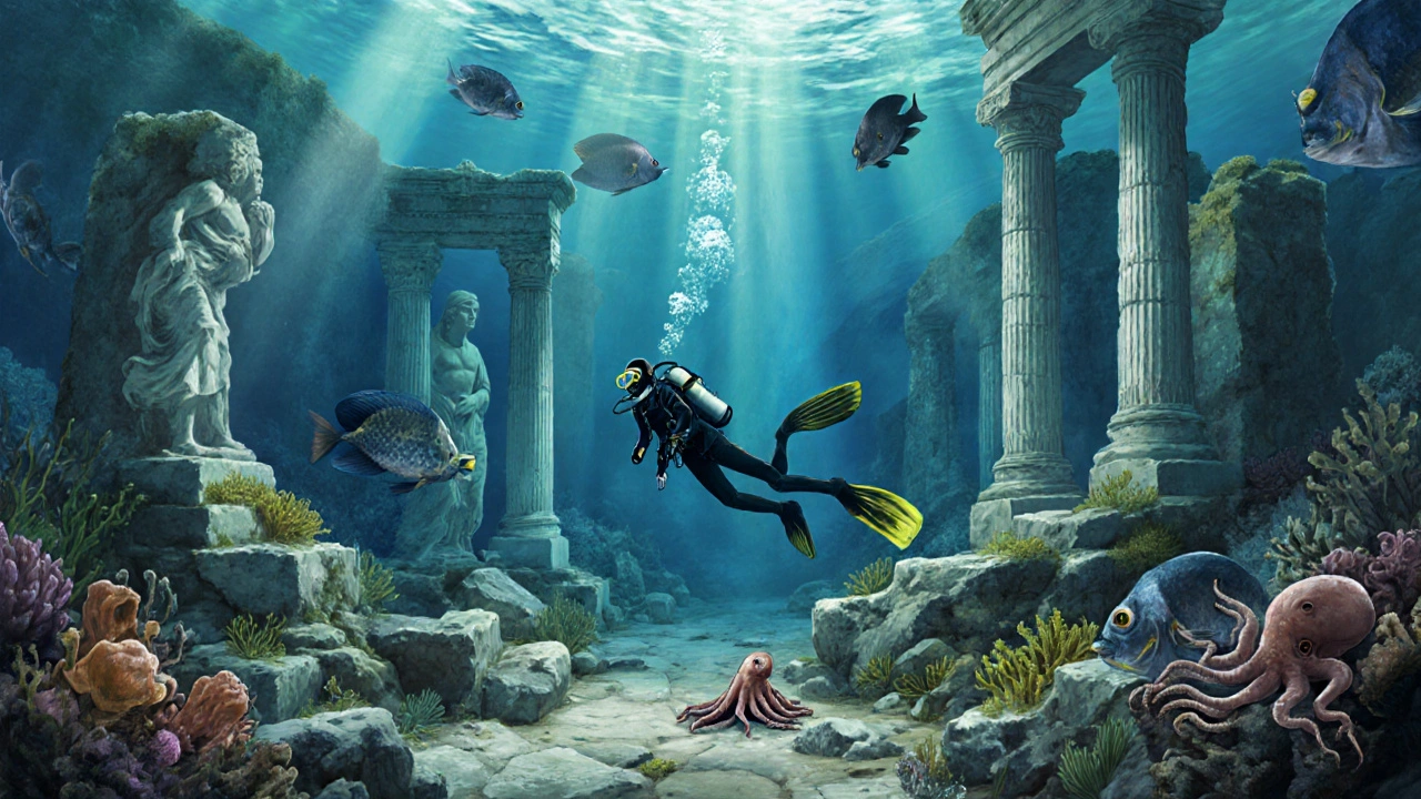 Potápěč objevuje podvodní zbytky římského města v Paphosu mezi mořskými houbami a rybami.