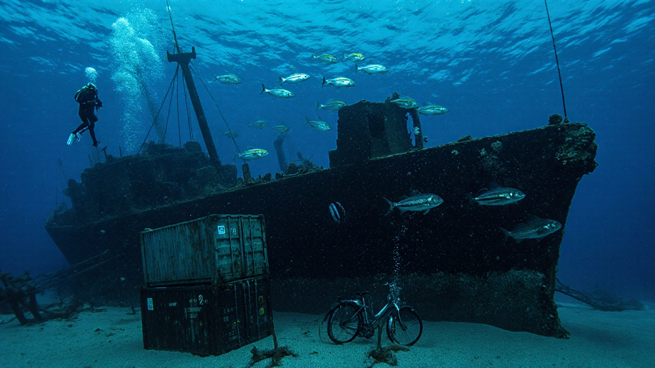 Potápěč se plave mezi vrakem lodi SS Thistlegorm v Limassolu s viditelnými náklady a rybami.