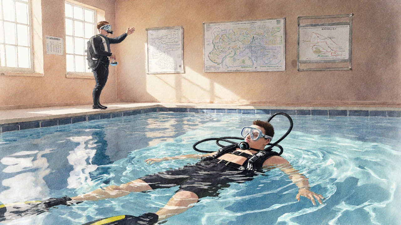Potápěč se učí v bazénu pod dohledem instruktora, kolem něj jsou potápěčské přístroje.