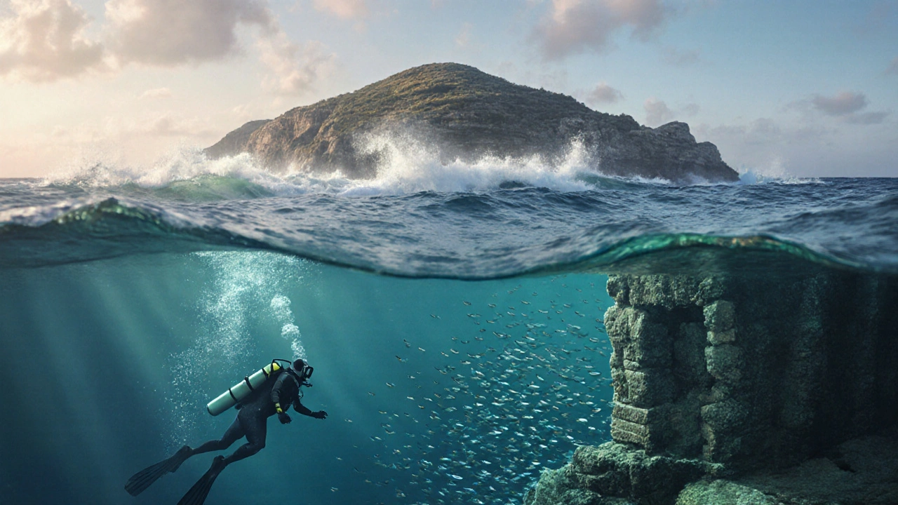 Potápěč se vznáší nad starobylou zdi na Spinalongě, voda je průhledná a plná ryb.