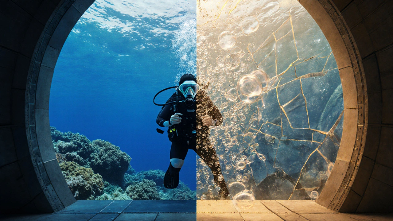 Potápěč v hyperbarické komoře, symbolický rozdělený obraz klidného potápění a nebezpečí bublin.