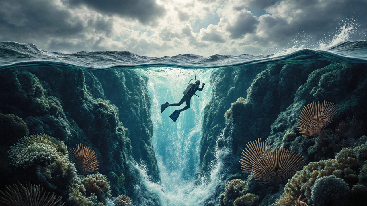 Potápěč v silném proudu pod Preveli, kde se nacházejí vzácné mořské houbičky a hluboké útesy.