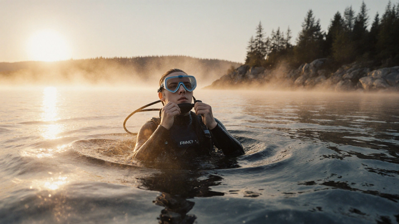 Potápěč vystupuje z jezera na ranním světle, mlha a zlaté odlesky na vodě.