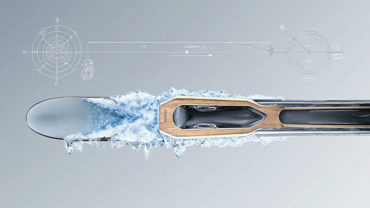 Průřez carving lyží s výrazným sidecutem, kovovými hranami a dřevěným jádrem.