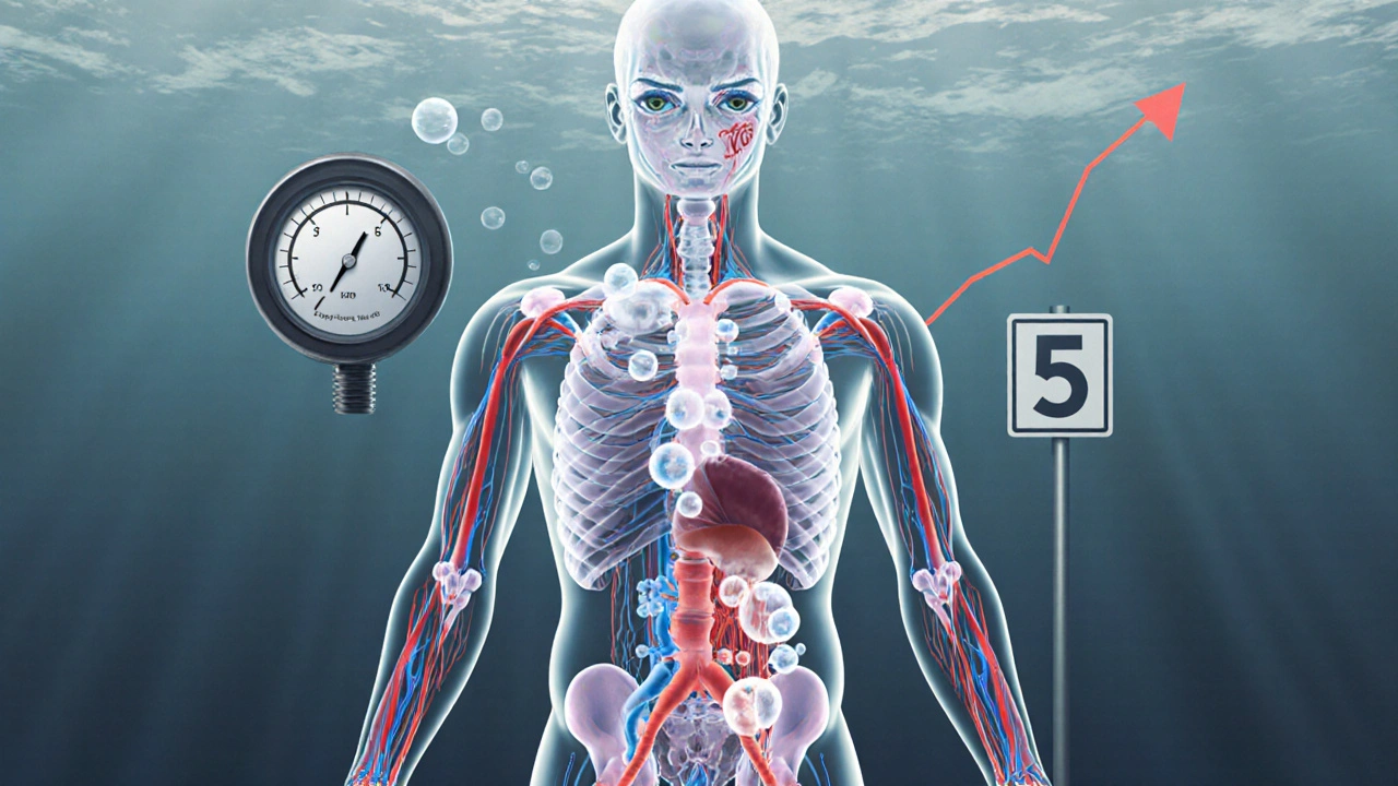 Průřez lidského těla s bublinami dusíku v krevních cévách a kloubech při rychlém vynoření.