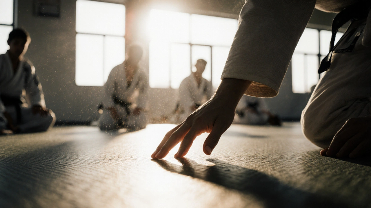 Ruce se učí bezpečně padat na matu pod mírným světlem z okna.