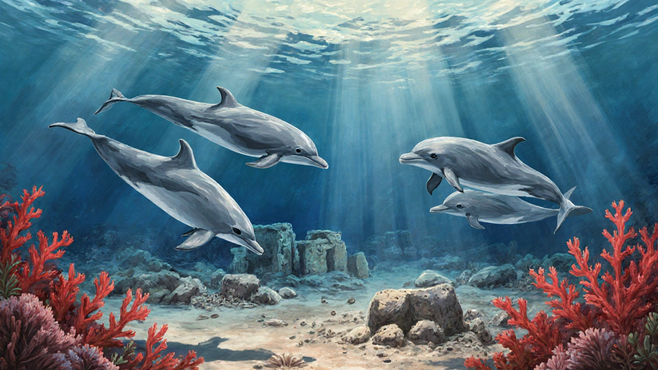 Skupina delfínů plave nad obnovujícími se červenými koralovými záhradami na Kypru.