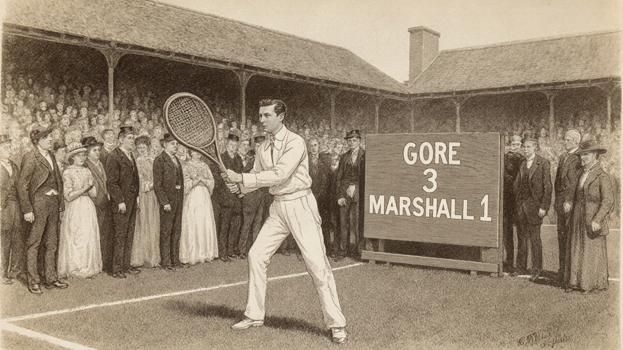 Spencer Gore winning first Wimbledon in 1877 on historic grass court.