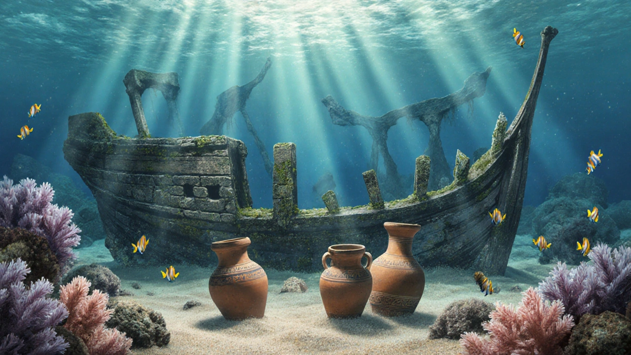 Starověké římské vraky s keramikou na dně Chanijského zálivu na Krétě.